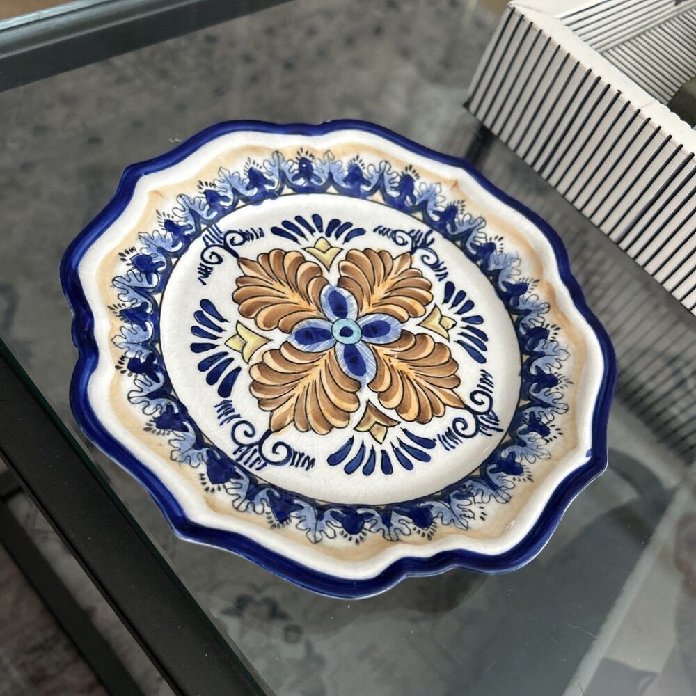 I. Godinger & Co Italian VTG Cobalt Yellow Flower Hand Painted 7"Dessert Plate